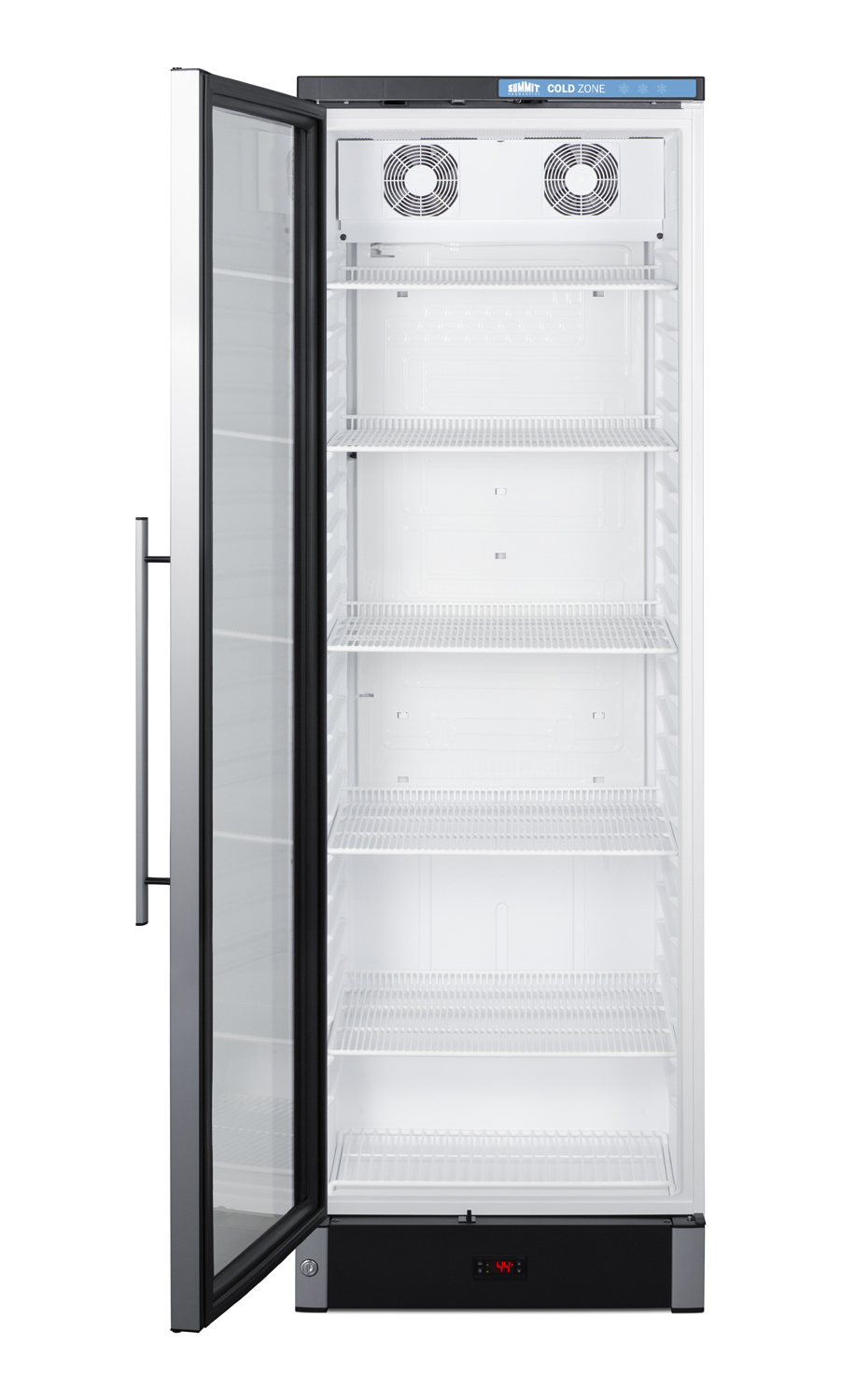 Commercial glass door beverage center with lock and left hand door swing